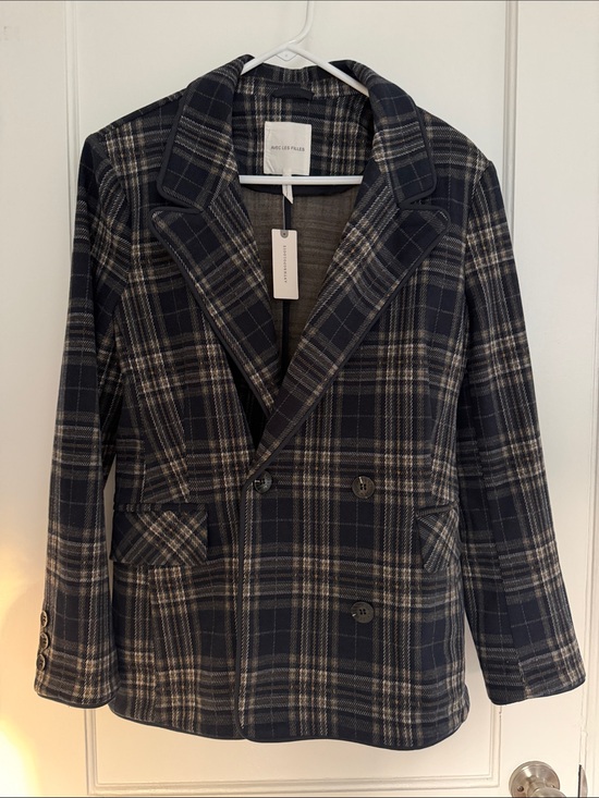 Avec Les Filles Jackets & Blazers - Avec Les Filles Navy and Gray Plaid Double-Breasted Blazer